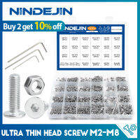 NINDEJIN Ultra Thin Head สกรูชุด M2-M8ซ็อกเก็ตสแตนเลส Hexagon Ultra Low Profile เวเฟอร์หัวสกรู Nut Assortment