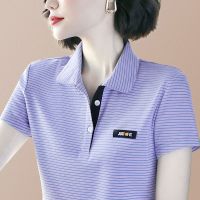 เสื้อ Kaus POLO Garis ผู้หญิงสไตล์ต่างประเทศฤดูร้อนแฟชั่นเรียบง่าย