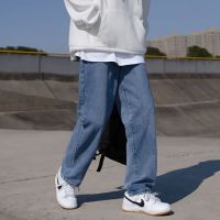 ∈☒ Hong Kong style retro washed elastic waist jeans boys loose straight wide leg pants tide brand trendy long pants