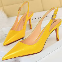 2021 Summer Elegant Women Glitter Pink Yellow Heels Slingback Sandals 7cm Stiletto High Heels Sandals Wedding Shoes Plus Size