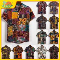 Summer Hawaii Men Shirt Ethnic Style Hawaiian Printed Cotton Breathable Shirts Casual Outfit Loose Floral Linen T-shirts wnd