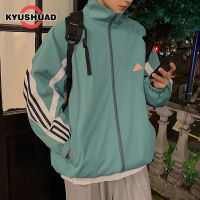 KYUSHUAD เสื้อแจ็กเก็ตกันแดดสำหรับผู้ชาย,เสื้อกีฬาลำลองแจ็คเก็ตมีฮู้ดบางลายทางอเมริกันหลวมใส่ได้ทั้งชายและหญิง