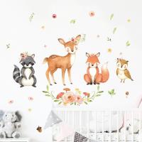 1pc Cartoon Animal Pattern Wall Paper Raccoon  deer  fox  bird  flower decoration wall sticker Wall Stickers  Decals