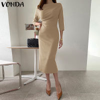 VONDA ชุดสตรีทแวร์คอกลมเสื้อผ้ากุลสตรี,เดรสเข้ารูปพอดีตัวทรงลำลองยาวคลุมเข่าสไตล์เกาหลี