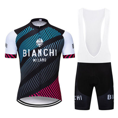 ชุดชุดใส่ปั่นจักยานลายทาง Bianchi เสื้อรถจักรยานยนต์จักรยานเสือภูเขาและกางเกงขาสั้นเอี๊ยมกางเกงรัดรูปเสื้อ MTB จักรยานเสื้อครอปกางเกงขี่จักรยานผ้าเจอร์ซีย์กางเกงรัดรูป