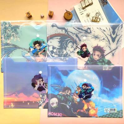 แฟ้มซองพลาสติก A4 มีให้เลือกหลายสี Anime Demon Slayer Kimetsu No Yaiba Kamado Tanjirou A4 Files Holder PVC Press Button File Bag Folder Document Organizer Tsuyuri Kanawo Stationery gift
