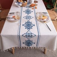 European Classical Blue and White Porcelain Embroidered Tassel Polyester Linen Tablecloth Rectangle Tea TV Table Cover Embroidery Flower Coffee Tablecloth