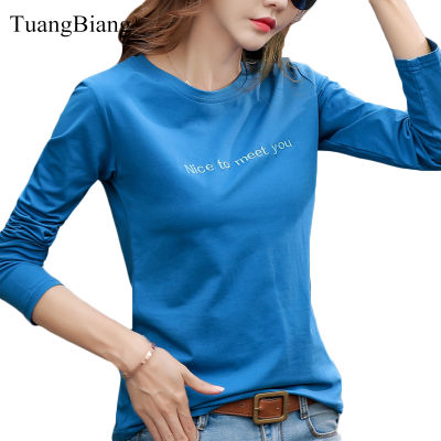 Letter Embroidery 2022 Autumn Cotton T-shirt Spring Women Long Sleeve Casual Red T shirts Fashion O-Neck Blue Yellow Simple Tops