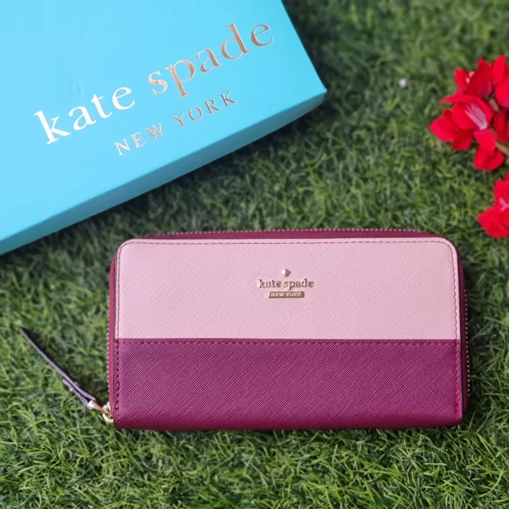 Original Kate Spade Saffiano Zip Around Pink/Maroon Leather Women's Wallet  | Lazada PH