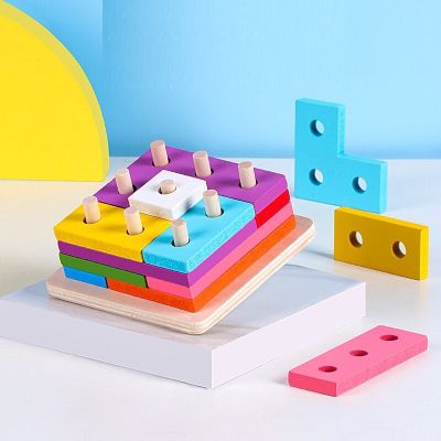 Children Wooden Building Blocks Montessori Toy Coloful Geometric Figure Pillar Blocks Early Educational Toys
