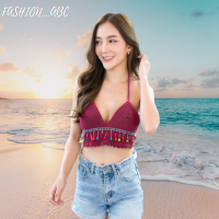 FASHION_ABC เสื้อสายเดี่ยว แต่งปอมสีน่ารักๆ งานถักโครเชต์ เสื้อสายเดี่ยวผูกคอ ผูกหลัง เสื้อบิกินี่ ชุดเที่ยวทะเล พร้อมส่ง เสื้อผ้าแฟชั่น