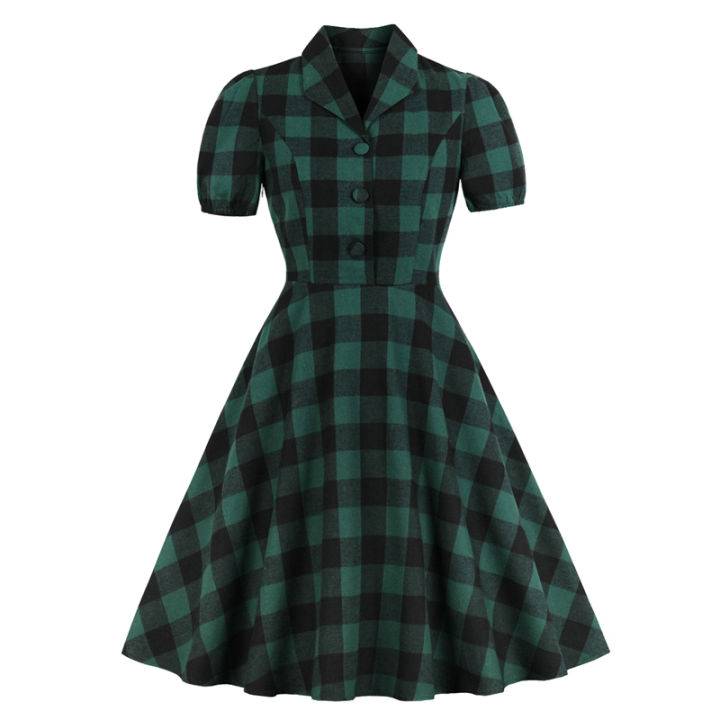 2021Tonval Women Plus Size Gingham Vintage Dress Button Up 50s Robe Green Plaid Pinup Elegant Pocket Midi Dresses