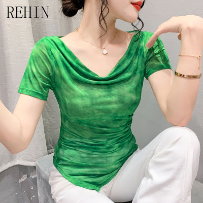 REHIN เสื้อยืดแขนสั้นสำหรับผู้หญิง,เสื้อไม่เหมือนใครแฟชั่นสีเขียวพิมพ์ลายหมึกสีเขียวเสื้อผู้หญิงที่สง่างาม