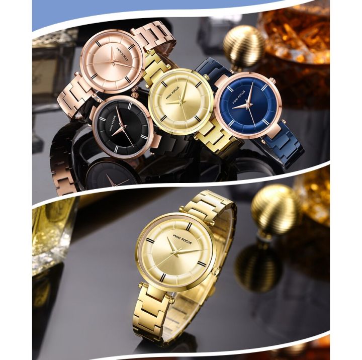 มินิโฟกัส2019นาฬิกาผู้หญิงชุดเดรสสายเหล็กสแตนเลสสีฟ้านาฬิกาข้อมือผู้หญิงหรูหราตัวเรือนสีโรสโกลด์