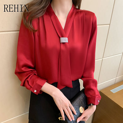REHIN ผู้หญิงฤดูใบไม้ผลิใหม่แฟชั่นสไตล์เกาหลีผ้าไหม V คอชีฟองหลวม Elegant Design Niche แขนยาวเสื้อ