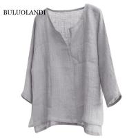 BULUOLANDI เสื้อเชิ้ตผ้าลินินเสื้อสตรีผ้าฝ้ายแขนยาวผู้ชาย,ใหม่เสื้อทรงหลวมสีทึบลำลอง S-5XL ไซส์