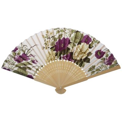 Womens Summer Wedding Floral Pattern Fabric Folding Hand Fan White Purple
