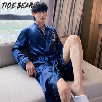 TIDE BEAR ชุดนอนผู้ชายชุดอยู่บ้านสุดหล่อชุดลำลองแขนยาวเสื้อคลุมผ้าไหมน้ำแข็งเนื้อบางสำหรับชุดเดรสชุดนอนผ้าไหม