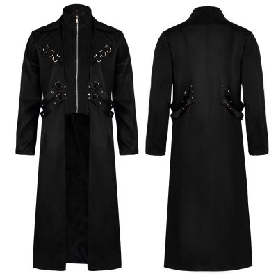 HOT11★Men Gothic Steampunk Trench Coat Victorian Medieval Renaissance Viking Coat Halloween Vintage Costume Zipper1