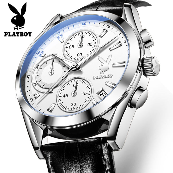 ขายร้อน-playboy-นาฟิกาผู้ชาย-2023-ของแท้-นาฬิกาข้อมือ-chronograph-แบบมัลติฟังก์ชั่นหนังกันน้ำ