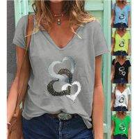 [COD] Cross-border wish independent station summer hot style European and womens tops stock v-neck short-sleeved chest love print T-shirt