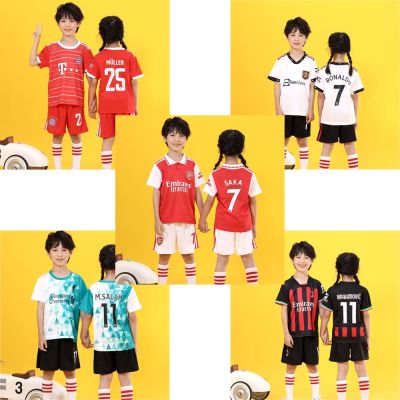 22 23 New Season Man U Bayern Gunners Jersey Kids Ronaldo Ibrahimovic Salah Boys Girls Football Clothes Set