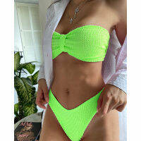 Solid Bandeau Push Up Bikini Set Swimwear for Women 2022 New Neon Green Pink Swimsuit Womens Bathing Suit Beachwear biquinis