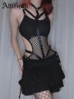 AltGoth Gothic Sexy Fishnet Jumpsuit Women Harajuku Streetwear Mall Goth See Through Bodysuit Nightclub Hollow Out Emo Rompers