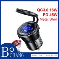 Bochang 45W PD Type-C QC3.0 USB ช่องเสียบสายชาร์จรถ12/24V สวิตช์โวลต์มิเตอร์ชาร์จไฟเร็วโลหะทั้งหมดสำหรับรถบรรทุกเรือ RV รถบัสมอเตอร์ไซค์