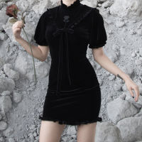 【CW】Ruibbit New Autumn Women Vintage Gothic Dresses Rose Navy neck velvet Lantern Sleeve Black Slim Chinese Style Cheongsam Dress