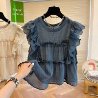 Spot parcel post French Ruffled Flying Sleeves round Neck Shirt Womens Summer Sweet Blouse Loose Niche Chic Sleeveless Top