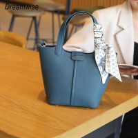 Dreamwise กระเป๋าถือสุภาพสตรี Cowhide Crossbody กระเป๋าสะพายหนังวัวแท้แฟชั่นผู้หญิงถังกระเป๋าถือกระเป๋าด้วยริบบิ้น