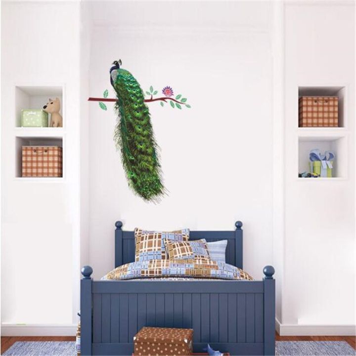 1pc-beautiful-green-peacock-on-the-branch-feathers-wall-sticker-for-bedroom-living-room-blank-background-diy-home-decor-30-90cm