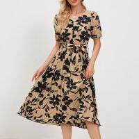 REALEFT 2023 New Summer Bohemian Floral Printed Womens A-Line Dresses Sashes High Waist V-Neck Short Sleeve Dresses Female