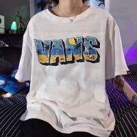 VANS short-sleeved loose cec round neck t-shirt men and women classic letter printing couple half-sleeved wild ins tideเสื้อยืด รุ่น cotton T-shirt
