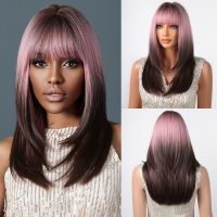 Pink Purple to Black Ombre Straight Medium Length Synthetic Wigs for Women with Bang Daily Cosplay Party Heat Resistant Hair Wig