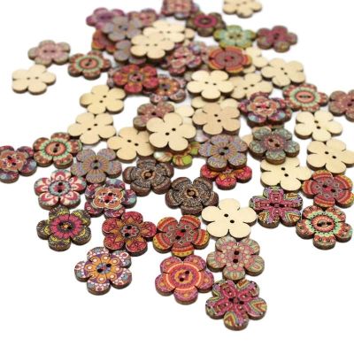 50Pcs/pack Retro flower wood button 2 Holes Botones Knopf DIY Random Wooden Buttons Sewing Scrapbooking Accessories 20mm