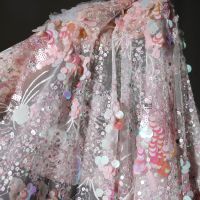 Pink crystal sequins mesh gauze beautiful fairy style creative embroidery dress wedding background designer fabric