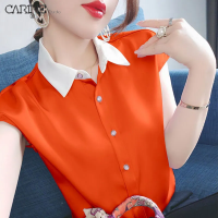 (M-4XL)CARINE เสื้อชีฟองแขนสั้นมีปกติดกระดุมเสื้อสไตล์เกาหลีเสื้อสีทึบทรงหลวมชิคแบบเสื้อผู้หญิง