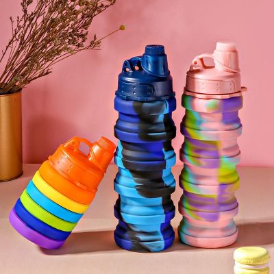 Portable Collapsible Silicone Water Bottle with Lid Camouflage Foldable Kettle For Sports Travel Drinking Cup With Carabiner Cup