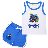 Rainbow Friends Ro Bloxs ผ้าฝ้ายเด็กหญิงเด็กชายการ์ตูนชุดสองชิ้น + เสื้อยืดแขนกุดกีฬากางเกงขาสั้นแฟชั่นลำลอง0000