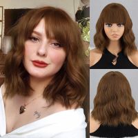 Brown Short Bob Wave Wigs Have Bangs Blond for Women Natural Heat Resistant Synthetic Wig Daily wear Cosplay Curly hair Wig  Hair Extensions Pads