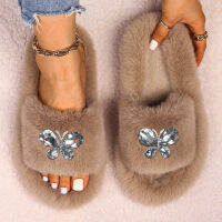 Faux Fur Slippers for Women White Rhinestone Crystal Butterfly Designer Flat Slides Platform Fur Sandals Winter House Warm Shoes