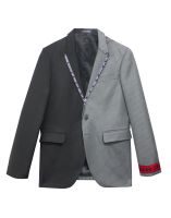 (SIX P.M.) TWO TONE UNISEX WOOL BLAZER JACKET GREY STRIPE AND PLAIN BLACK / สูทสองสีซับในเต็มตัว สูทผ้าวูลแท้ สูทผู้ชาย ลายเพนซิลสไตรพ์ตัดต่อผ้าพื้น / SS19