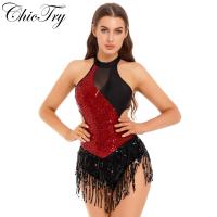 ผู้หญิงละติน Leotard ชุดตาข่ายแขนยาว Fringe Salsa Cha-Cha Rumba Ballroom เครื่องแต่งกายสำหรับ Lyrical Dance Stage Performance