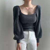 R Square Neck Lantern Sleeve Knit Sweater for Women Autumn Fashion Long Sleeve Slimming Sweaters