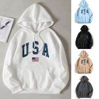 Graphic Usa พิมพ์ขนาดใหญ่ Hoodie Y2k Streetwear Pullover ฤดูใบไม้ร่วงสีทึบกระเป๋า Casual เสื้อกันหนาว Sudaderas Mujer