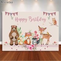 Woodland Happy Birthday Backdrop Cute Animal Fox Bear Safari Photography Background Pink Flowers Dessert Table Decorations Props