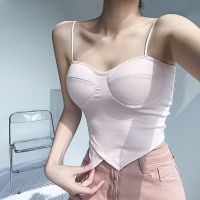 New Women Seamless Irregular Crop Tops Sleeveless Cotton Slim Short Vest Tank Top Belt Chest Padded Outer Camisole Underwear