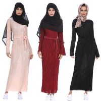 Muslim Women Pleated Long Dress Maxi Party Cocktail Dresses Islamic Kaftan Dubai Slim Abaya Robe Hijab Dress Casual Middle East